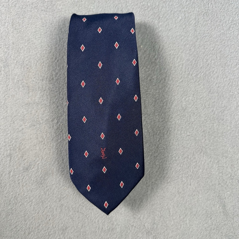 Vintage Yves Saint Laurent YSL Silk Tie Navy Blue Red Diamond Logo Necktie USA